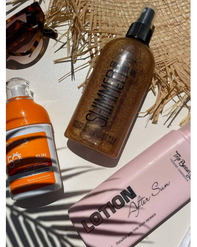 Набір для засмаги Top beauty: олія з шимером +лосьйон після засмаги+ крем spf 50